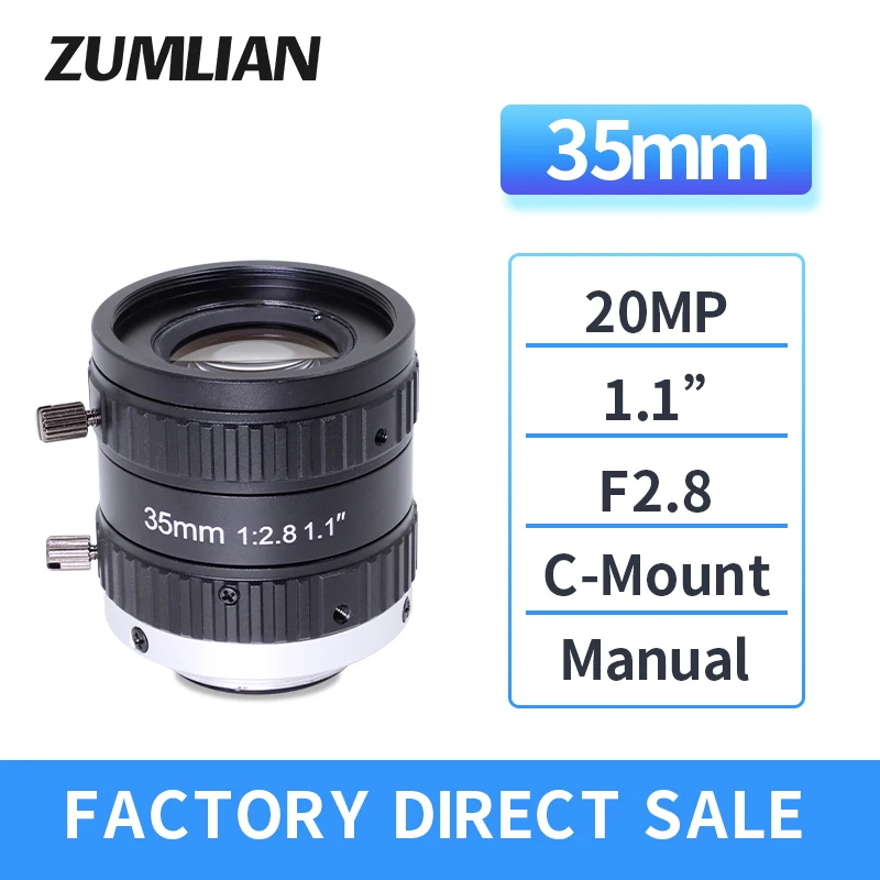 

High-contrast manual aperture FA lens 20MP C-mount 35mm lens Machine vision lens 1.1" F2.8, manual focus zoom ITS camera lens
