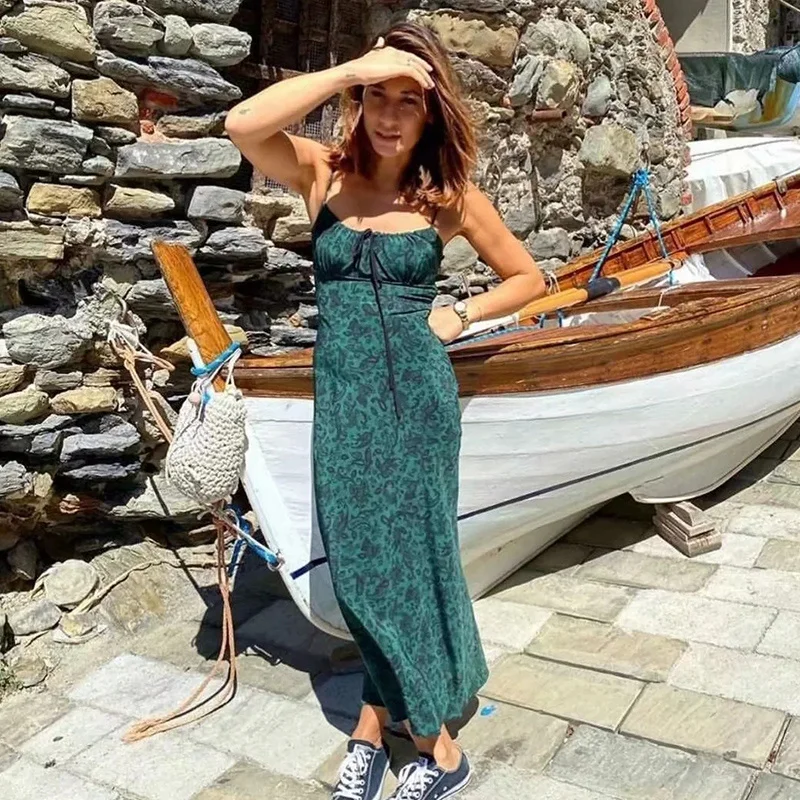 

Strap Sleeveless Print Boho Summer Dress Long Women Green Floral Yellow Dresses Sundress Vintage French Style Dress