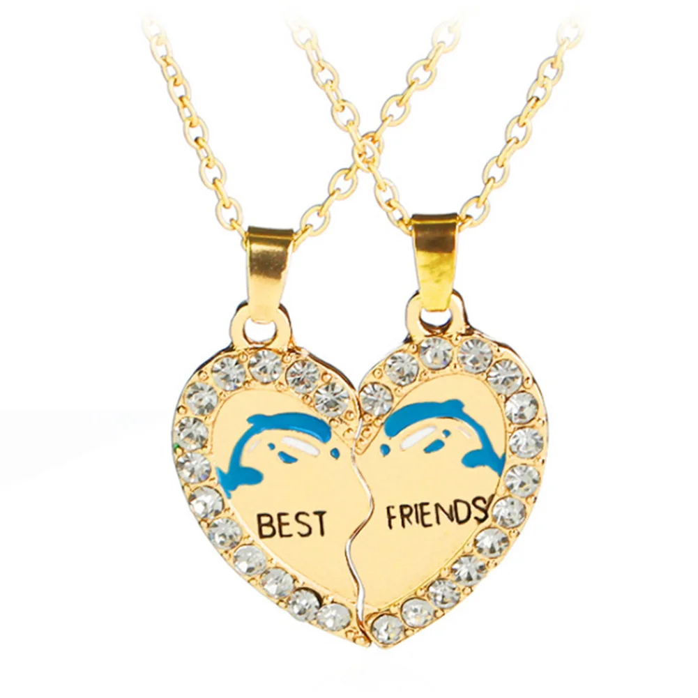

BFF Rhinestones Friendship Necklaces New BEST FRIENDS Dolphin Heart Silver Tone 2 Parts Pendants Necklace