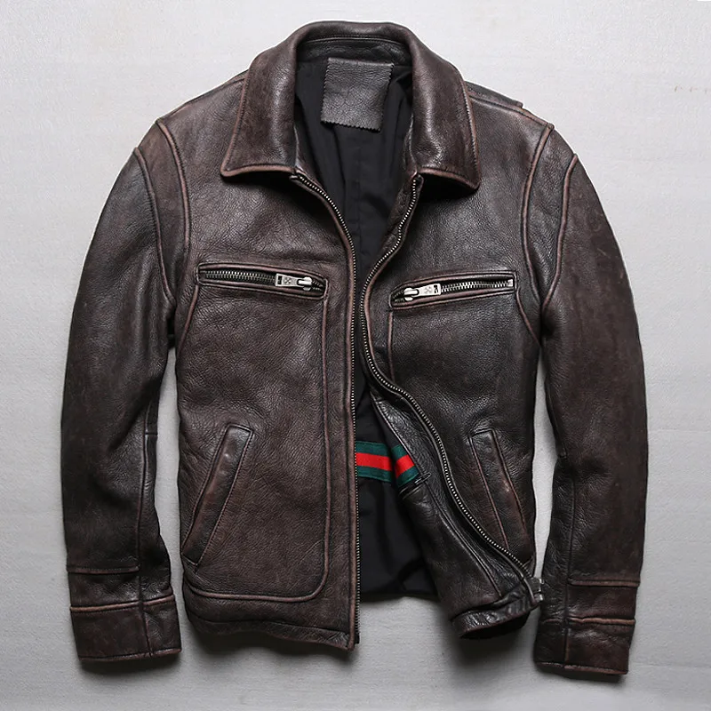 

Men's Retro Brown Genuine Leather Jacket Classic Vintage Motorcycle Jacket High Quality Thick Cowhide Coats Plus Size S-5XL
