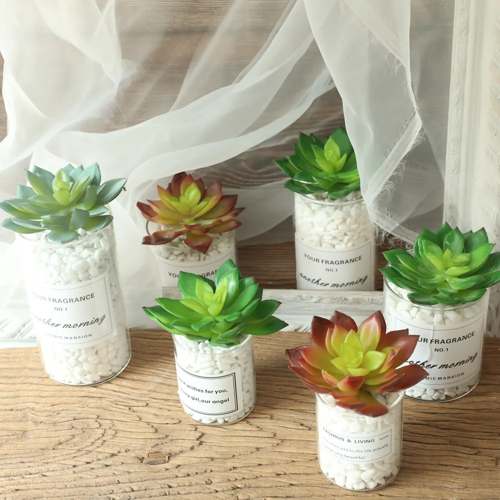 Суккуленты Искусственные цветы снежного лотоса в вазе Зеленые растения для дома, сада, спальни, вечеринки, офиса, письменного стола, комнаты Мини-декорация бонсай.