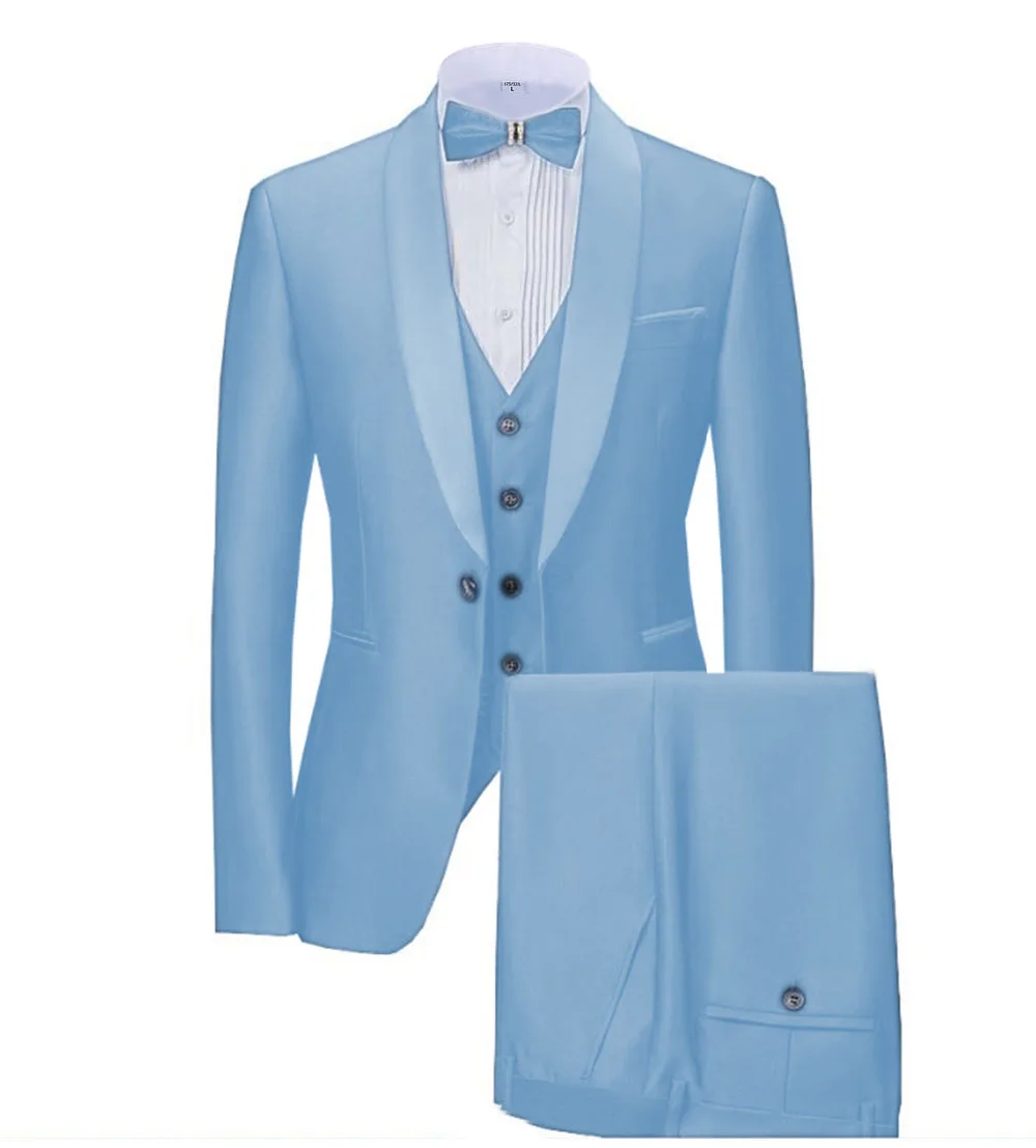 light blue Новинка, темно-синие мужские костюмы, 3 предмета, деловой Блейзер, смокинги, шаль с отворотом для свадьбы, жениха(пиджак+ жилет+ брюки - Цвет: light blue