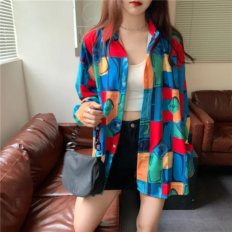 

Bohemian Shirt Women Geometric Patterns Mixcolour Harajuku Blouse Girls long Sleeves Tops Summer Ladies Loose Hawaii Camisas