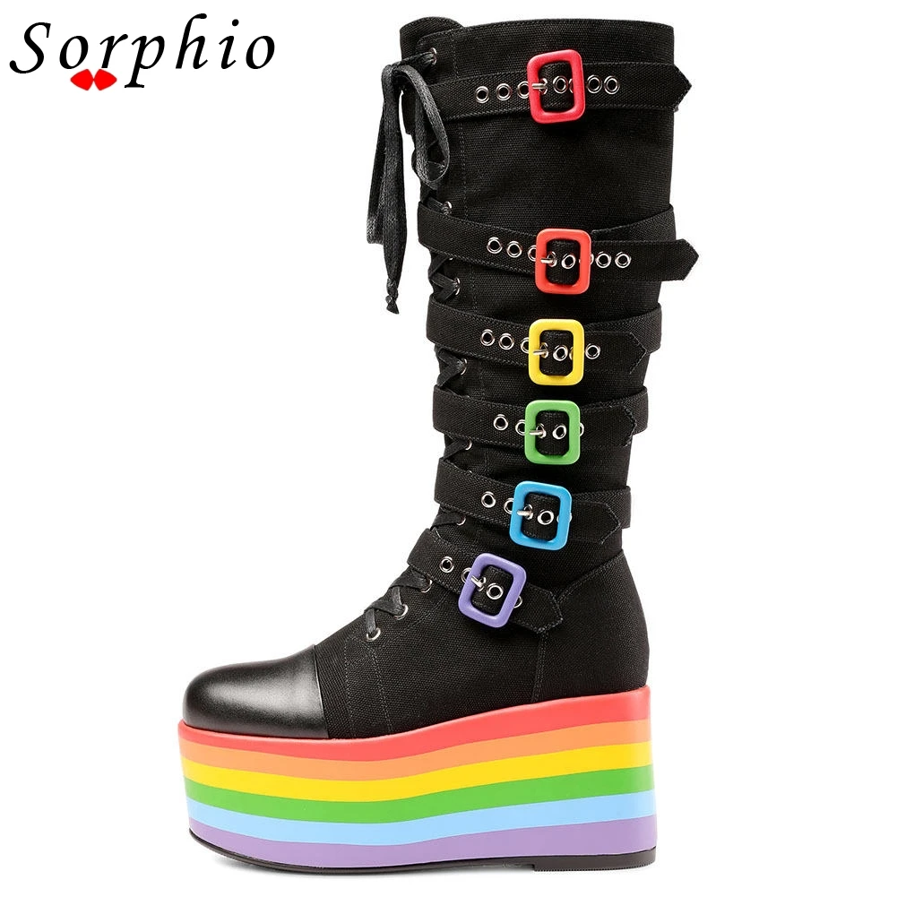 

High Quality Platform Wedges Rainbow Heel Buckle Lace Up Sugar Sweet Med Calf Knee High Boots Round Toe High Heel 2021 Brand New