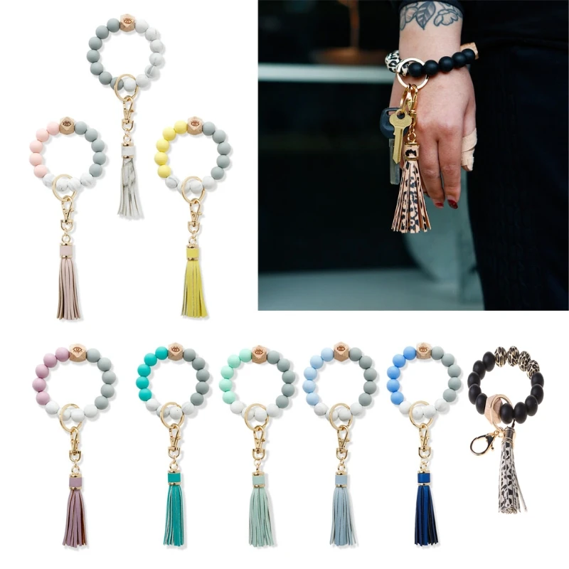 

Natural Wood Eye Charm Bracelet keychain Wristlet Leather Tassel Food Grade Silicone Bead Key Ring Bracelet for Women