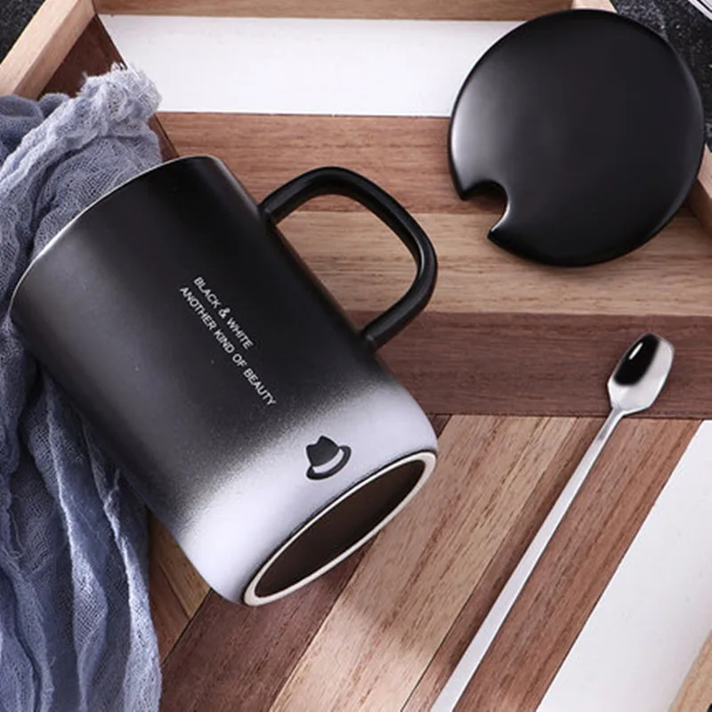 380 мл Черно-белая керамическая кружка с крышкой ложка градиентная чашка для воды
