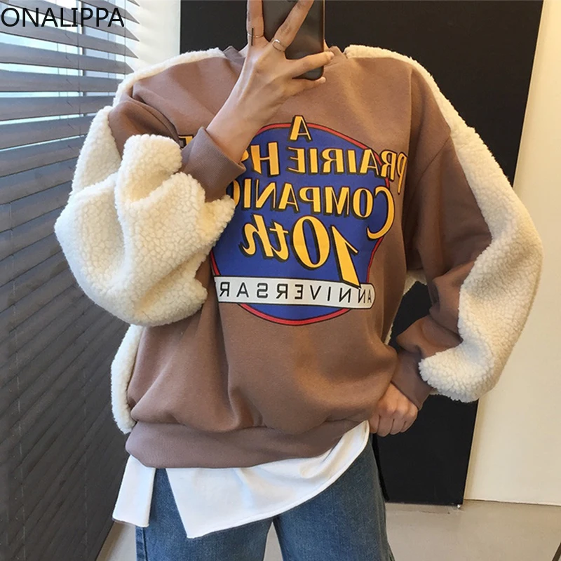 

ONALIPPA Casual Hoodies 2021 Autumn Korean Round Neck Letter Print Design Loose Lamb Contrast Stitching Puff Sleeve Sweatshirt