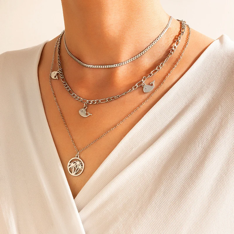 

Popular Coconut Tree Dolphin Choker Necklace Trendy Metal Preal Necklace For Women Pendant Jewelry Accessories