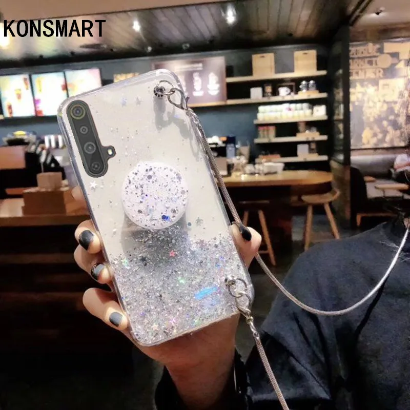 

KONSMART Realme 6 Pro Case Glitter Star Clear Phone Case For OPPO K5 Realme X50 Silicon Soft Stand Cover With Strap Realme XT