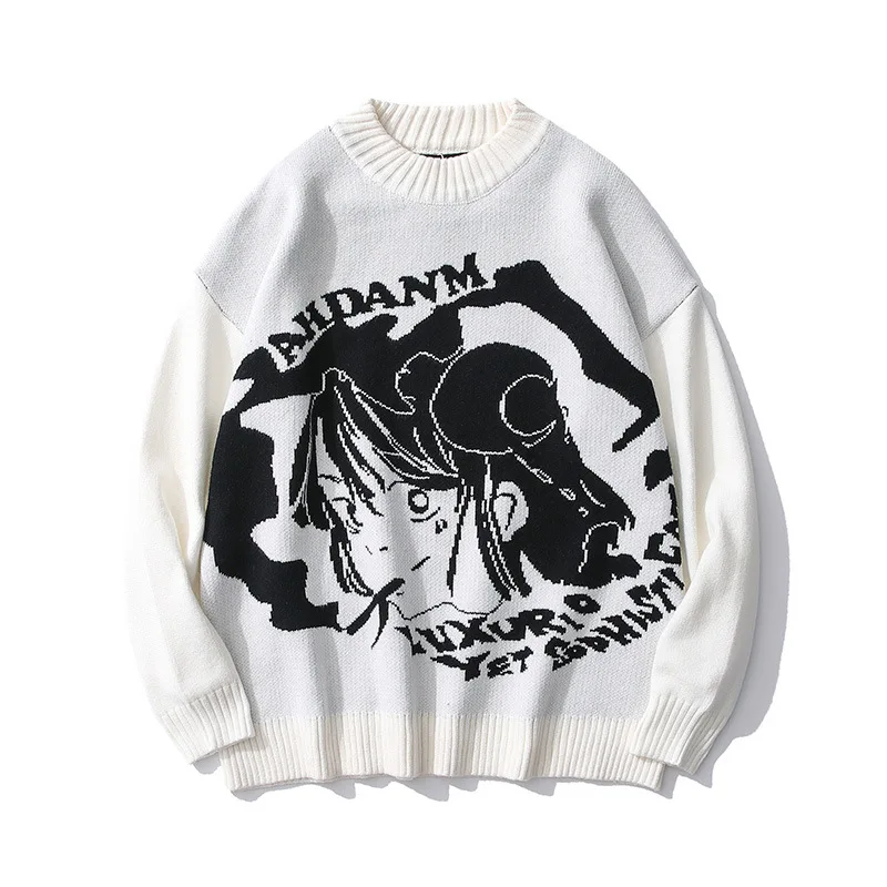 

Men Sweater Hip Hop Streetwear Harajuku O-neck Oversize Retro Japanese Style Anime Pullover Cotton Couple Sweaters