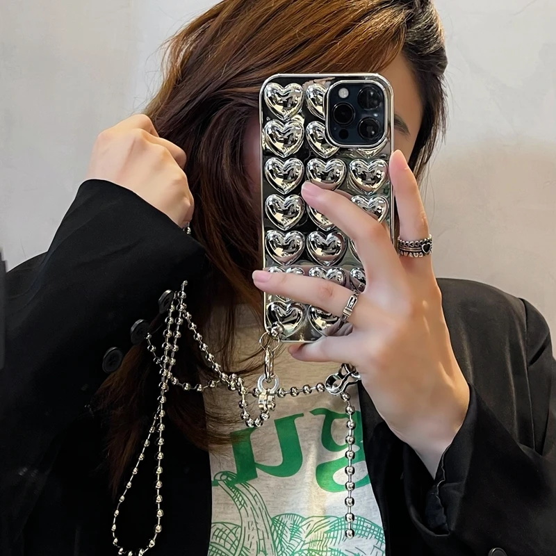 

Fashion Bead Necklace Lanyard Phone Case For iPhone 12 11 Pro Xs Max Mini XR X 7 8 Plus Electroplated 3D Love Heart Soft Cover