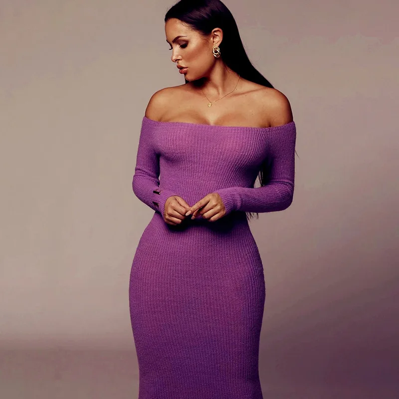 

Women Clothing 2021 Dresses For Women Casual Purple One Shoulder Sexy Slim Fit Solid Color Long Sleeved Dress