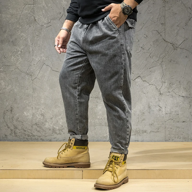 Мужские облегающие джинсы винтажные серые прямые брюки уличная одежда хип хоп