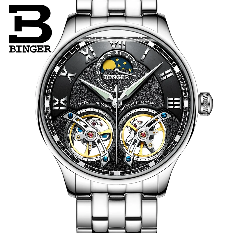 Двойной Tourbillon BINGER Мужские часы Роскошные Moon phase деловые механические с скелетом