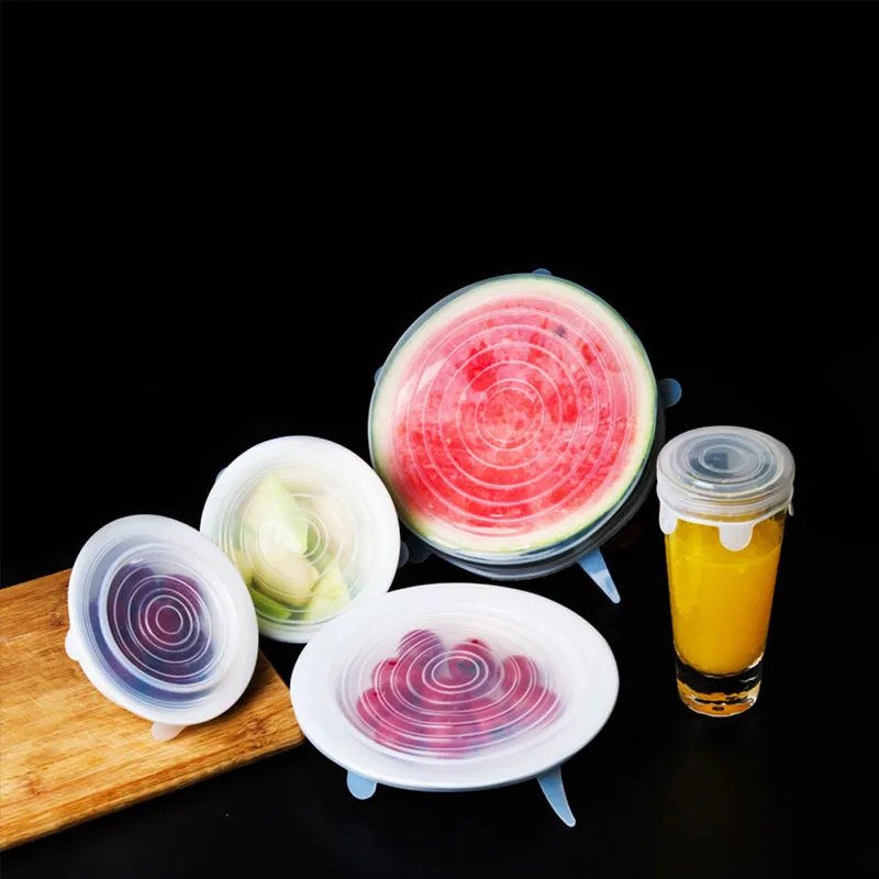 

4/6Pcs Silicone Stretch Lids Reusable Airtight Food Plastic Bags Keeping Fresh Seal Bowl Stretchy Wrap Cover Kitchen Cookware
