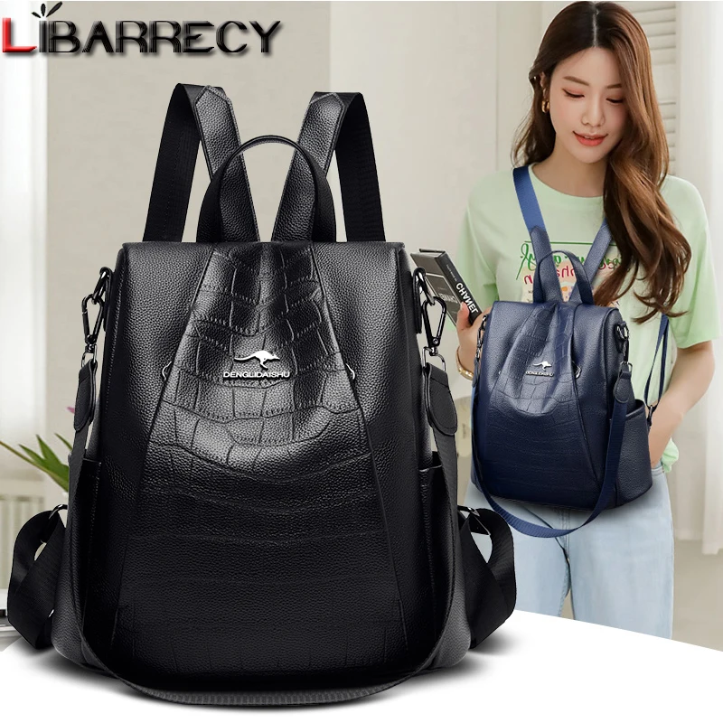 

Высококачественные однотонные рюкзаки из искусственной кожи для женщин, новинка 2021, модная сумка на плечо, многофункциональные дамские сум...