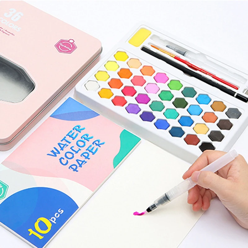 

36 Colors Solid Watercolor Pigment Portable Student Watercolor Paint Set Iron Box For Drawing School Stationery Art Supplies