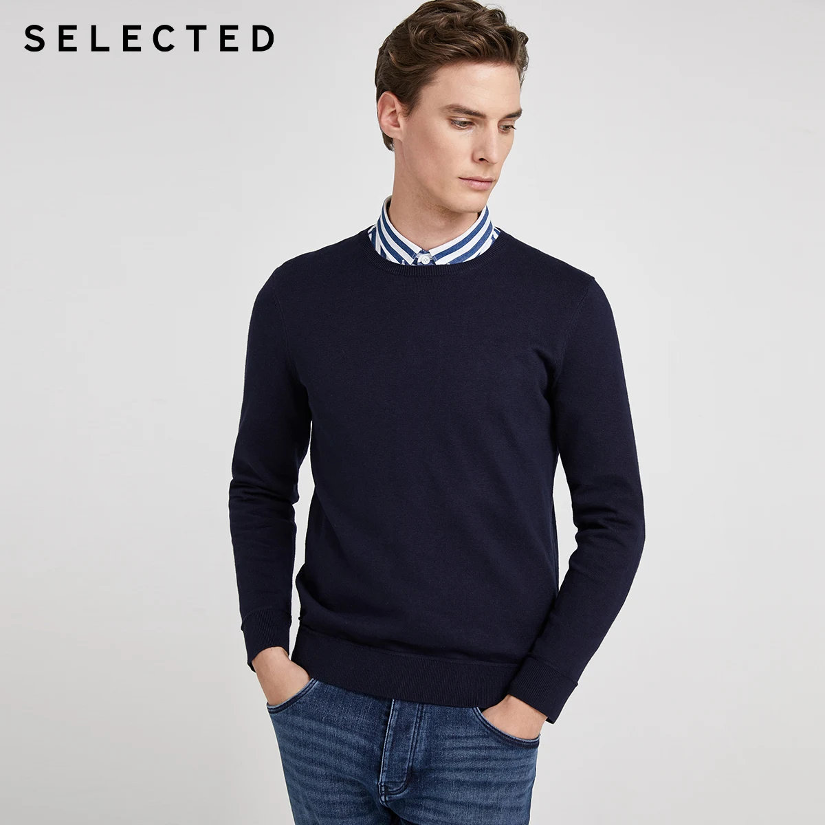 Трикотажная Мужская хлопковая футболка с круглым вырезом и длинными