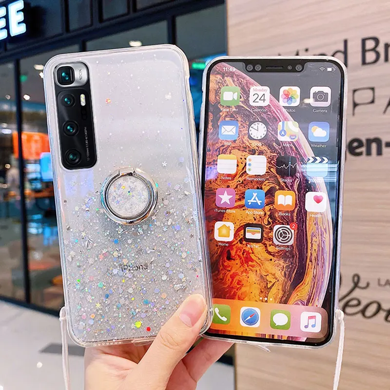 

Wristband Transparent Case For Xiaomi Note 10 Lite CC9E CC9 Pro 9se 8SE A1 A2 5X 6X Silicon Soft TPU Lanyard Bling Bracket Cover