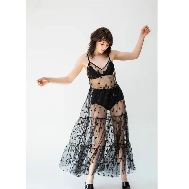 

Women Spaghetti Straps Tulle See Through Long Dresses Cover Sexy See Through Baggy Ladies Stars Beach Bling Bling Long Dress