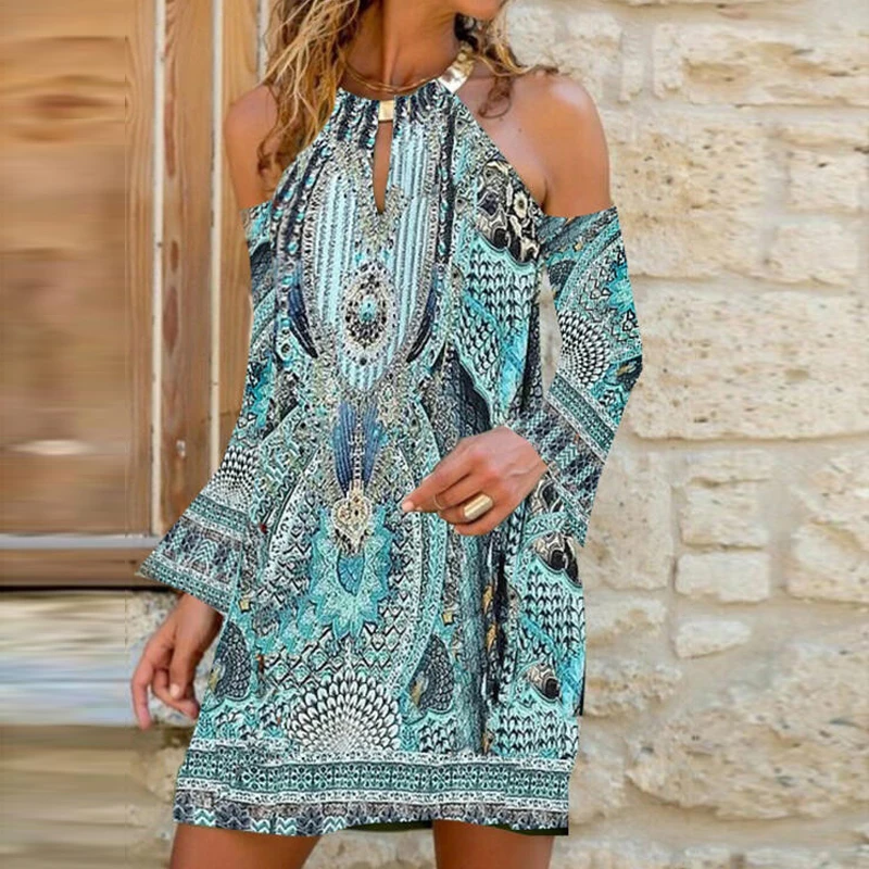 

Summer Vintage Women Bohemian Print Dresses Sexy Off Shoulder Metal Halter Mini Dress Casual Daily Beach Dress Vestidos Female