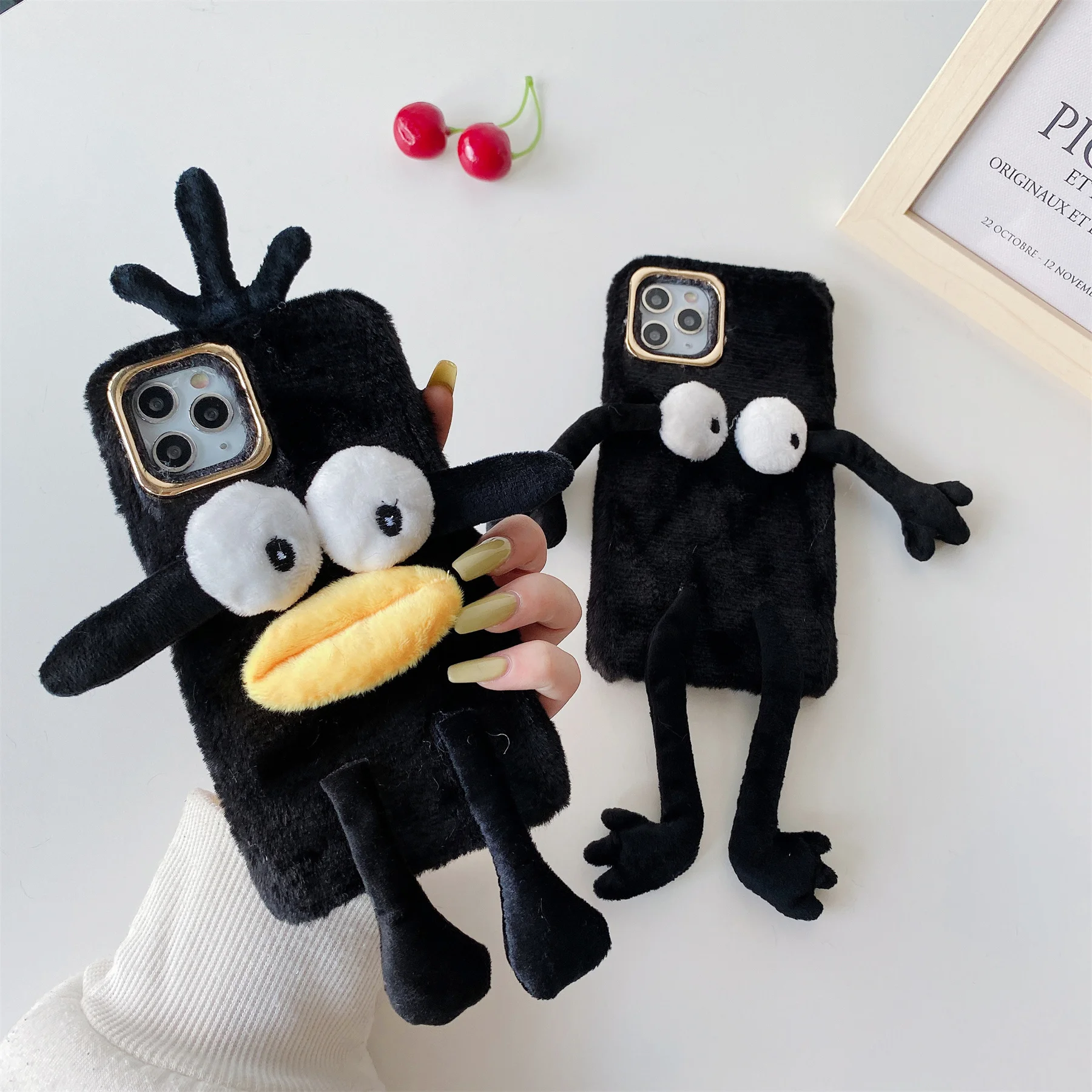 

Cute Fluffy Winter Hairy Plush Briquettes Duck Phone Case for iPhone 11 12 Pro MAX X XS XR Max 7 8 Plus Soft Back Cover