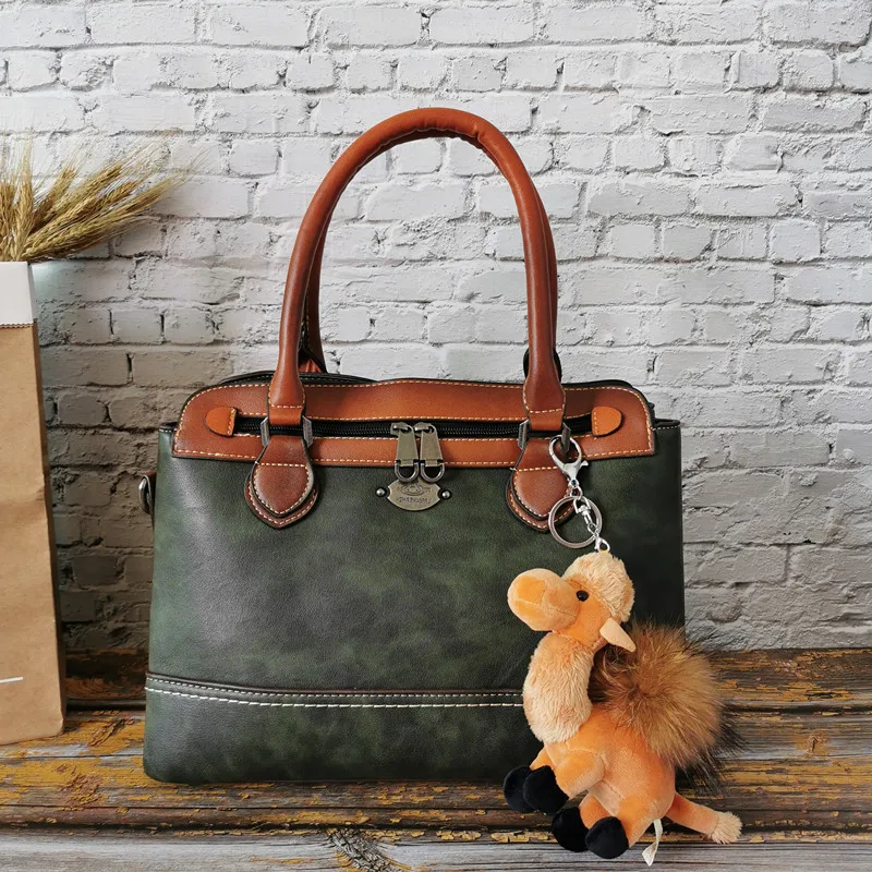 Green With Camel Сумки из натуральной воловьей кожи для женщин, винтажные роскошные сумки из натуральной кожи, женские сумки, дизайнерская Большая вместительная сумка на плечо - Цвет: Green With Camel