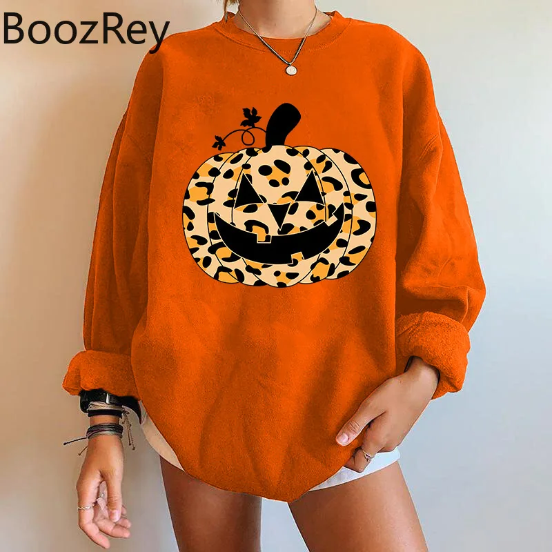 

BoozRey Halloween Women Falling Shoulder Sweater Pumpkin Head Ghost Face Print Sweater Long Sleeve Women Top Party Outfits