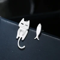 cute silver color asymmetry cat fish stud earrings for women girls fashion simple daily earrings fine ear jewelry