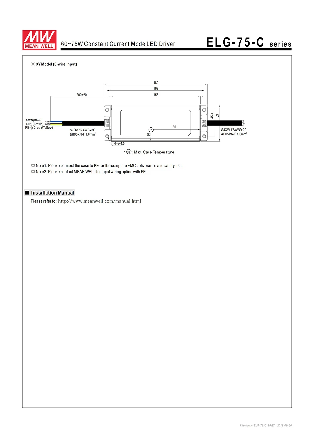 MEAN WELL ELG-75-C1400A-3Y 75W 1400mA 27~ 54V светодиодный драйвер постоянного тока 110 V/220VAC 61 vdcводонепроницаемый регулируемый светодиодный источник питания