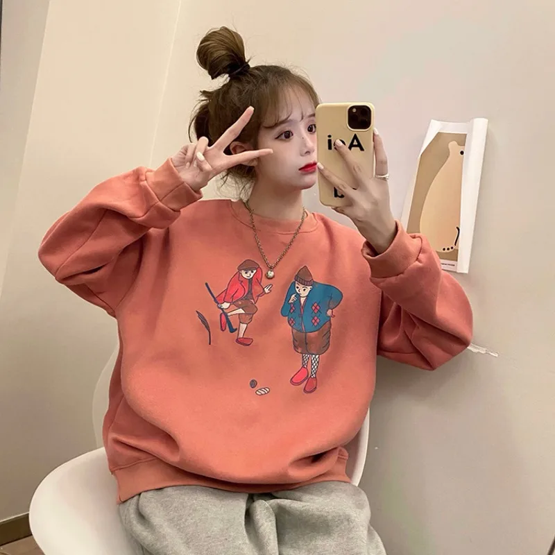 

Hoodies Female 2021 New Winter Korean O-neck Cartoon Print Sweatshirts Hipster Women's Clothing Fashion Oversized Casual