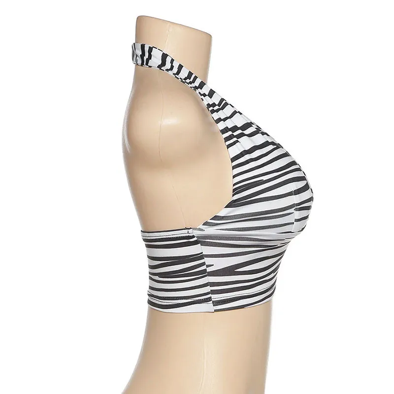 

New Sexy Women Tanks Tube Crop Tops Club Streetwear 2021 Zebra Print Deep V-neck Halter Backless Off Shoulder Vest Camis
