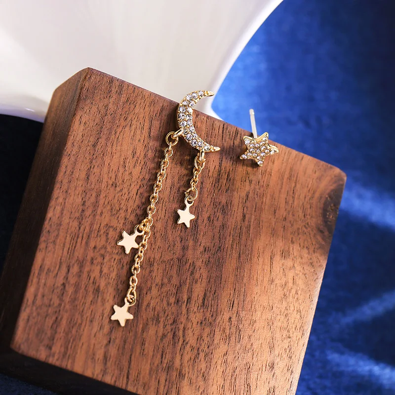 

New Popular Design 14K Real Gold Moon Stars Drop Earrings for Women Charm Jewelry S925 Silver Needle Shiny AAA Zircon Party Gift