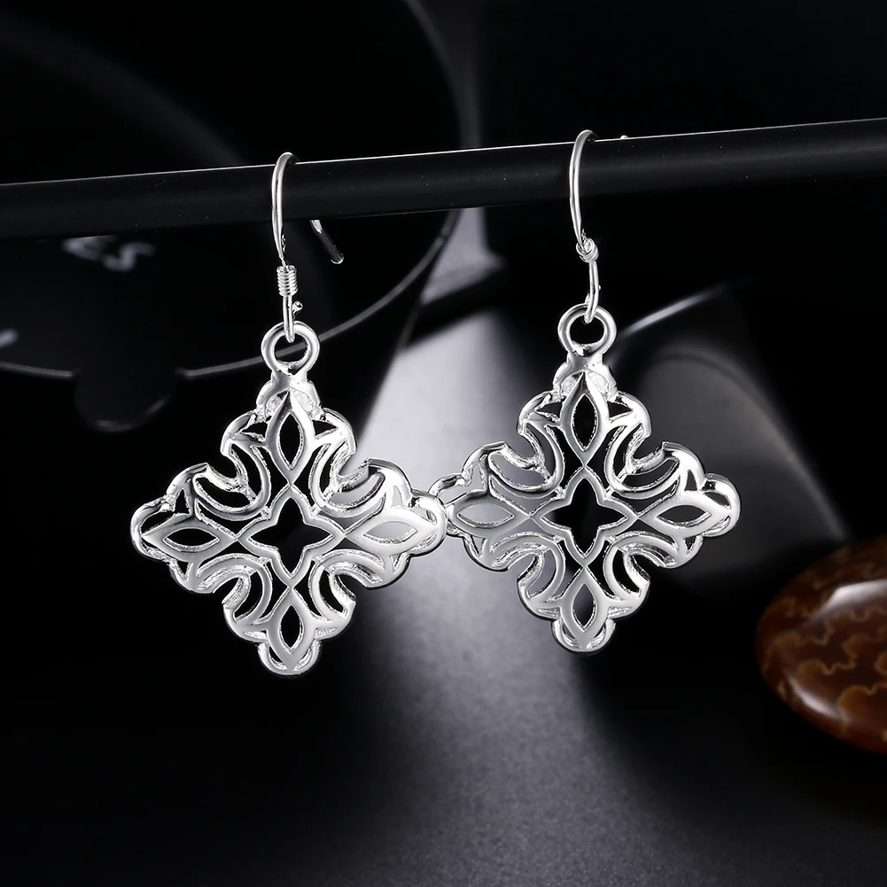 

Hot new 925 Sterling Silver Fashion Carved Square frower Drop Earrings for Women High Quality Wedding party Jewelry Holiday gift