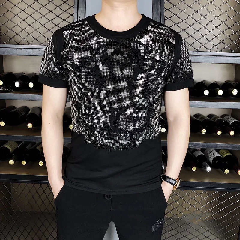 Casual O-Neck Tee Shirt Homme Fashion Diamond Tiger Head T-shirt Mens High Quality Summer T Men Short Sleeve Streetwear | Мужская одежда
