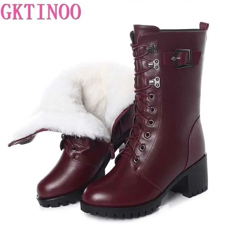 GKTINOO Boots Women Genuine Leather High-heeled Large Size Motorcycle Boots Women New Wool Warm Winter Boots for Women