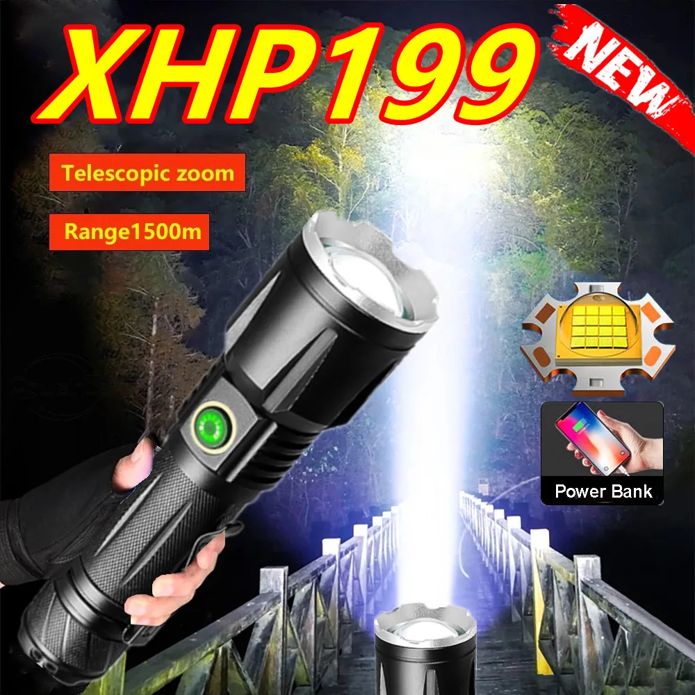 

100000lm Powerful Flashlight 16 Core XHP199.9 Lamp Waterproof IPX6 Zoom Torch 5Modes USB Rechargeable Lamp Use 26650 Batteries