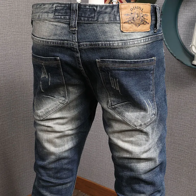 European American Street Fashion Men Jeans Retro Dark Blue Embroidery Designer Ripped Jeans Men Patches Hip Hop Denim Punk Pants