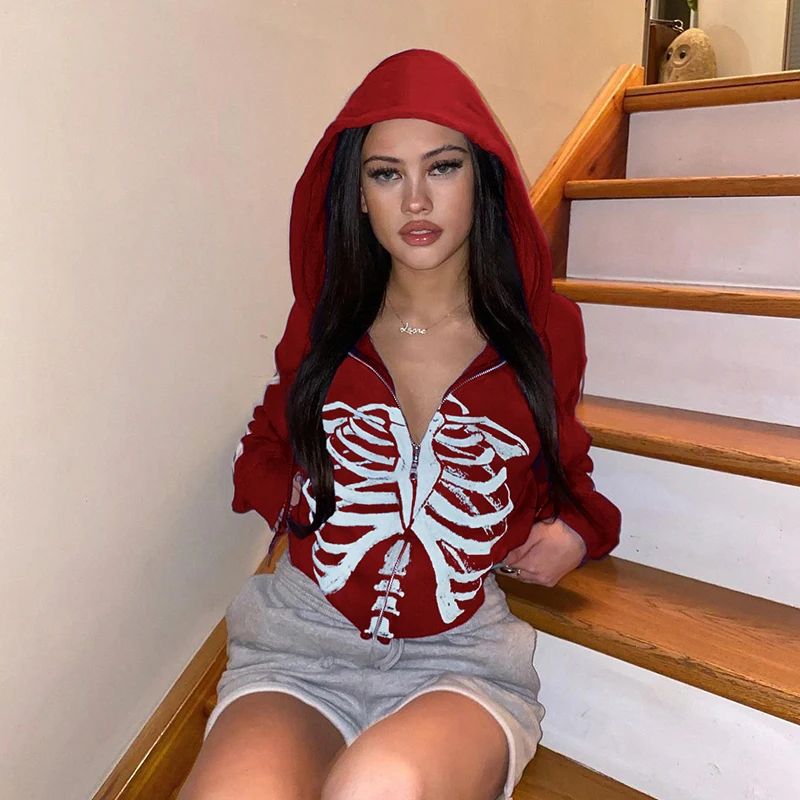 

Goth Skeleton Print Autumn Winter Hoodies Women Zipper Up Harajuku Sweatshirt Gothic Clothes Loose Jacket Coat Hooded