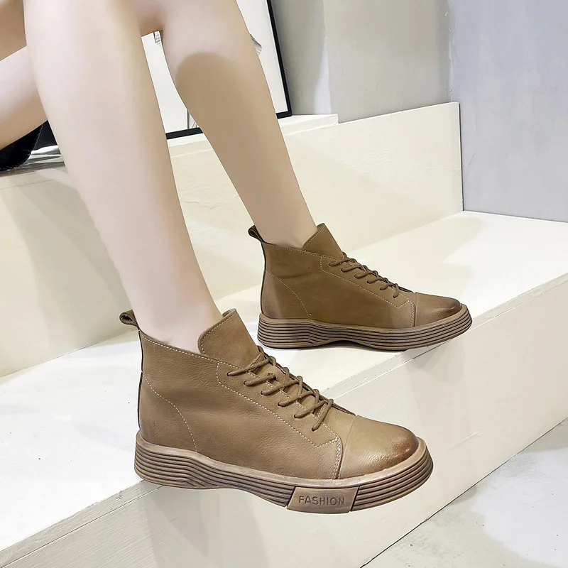 

Chunky Boots For Women 2022 Spring Genuine Leather Ankle Boots Female Women Shoes Flat Platform Sneakers Fashion Solid Shoes 40
