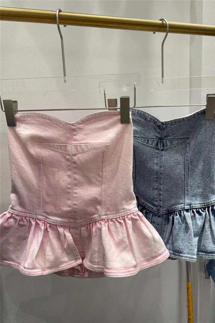 

Summer New Sexy Ruffled Fashion Vintage Tube Denim Top for Women Backless Slim All-matching Short Jeans Vest Solid Color Tank