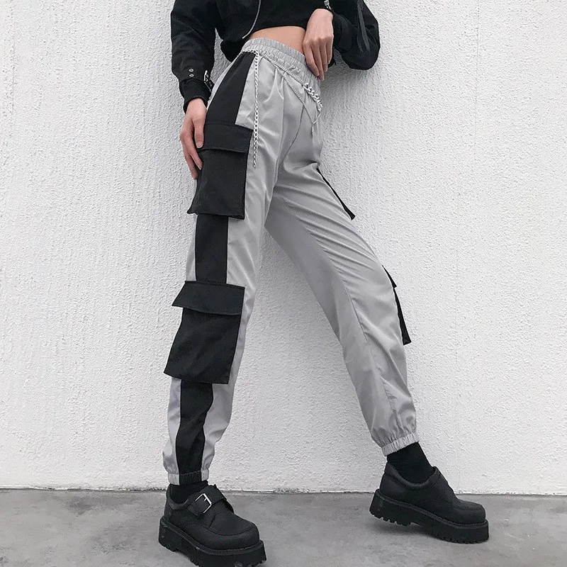 Модные женские уличные брюки с высокой талией джоггеры шаровары Брюки карманами