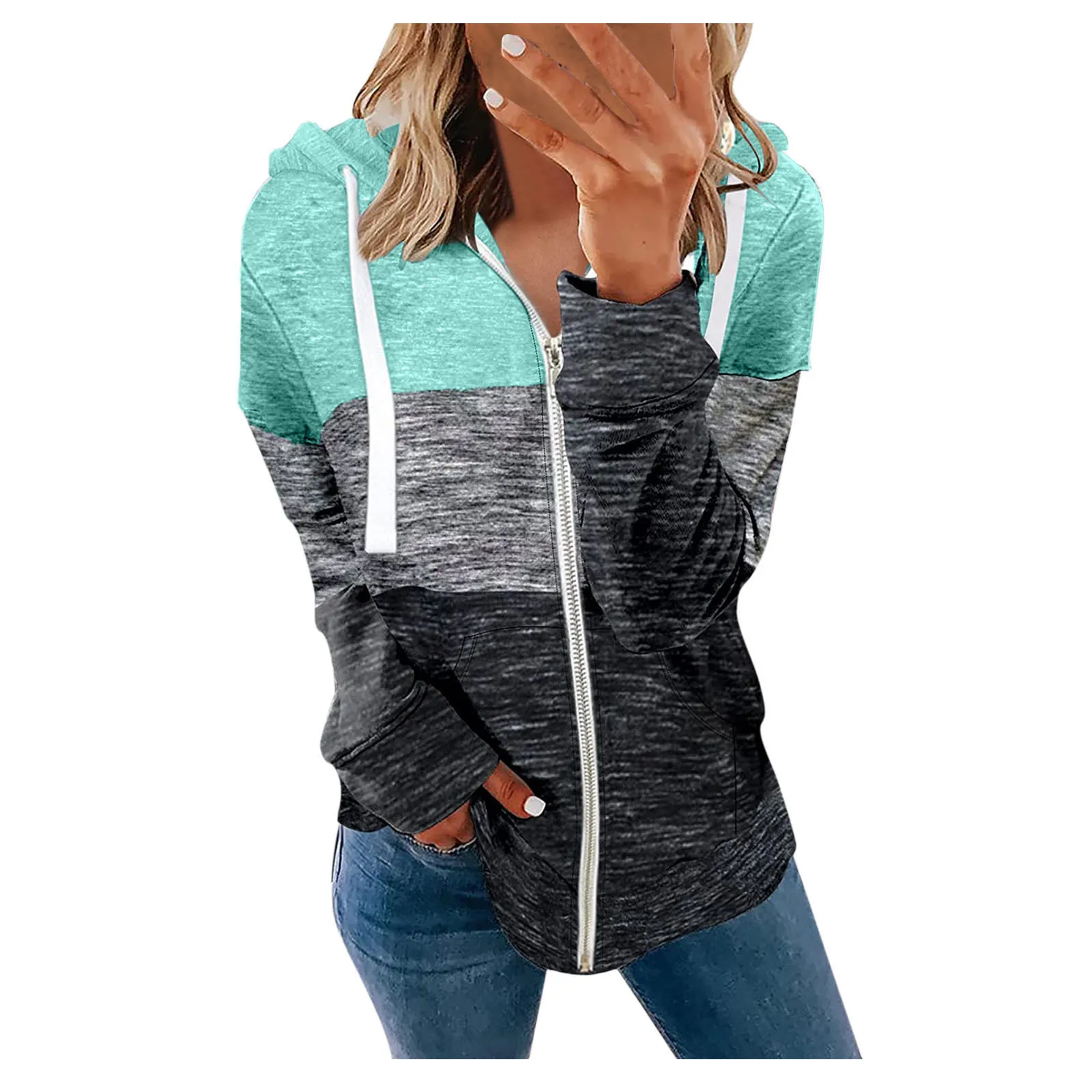 

New Autumn Hoodies Women Long Sleeve Zip-up Hoodie Jacket Print Stitching Color Sweatshirt Coat Winter Jacket Outwear