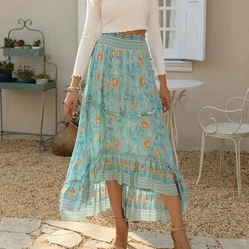 Летняя Макси юбка с цветочным принтом для женщин Сексуальная Асимметричная