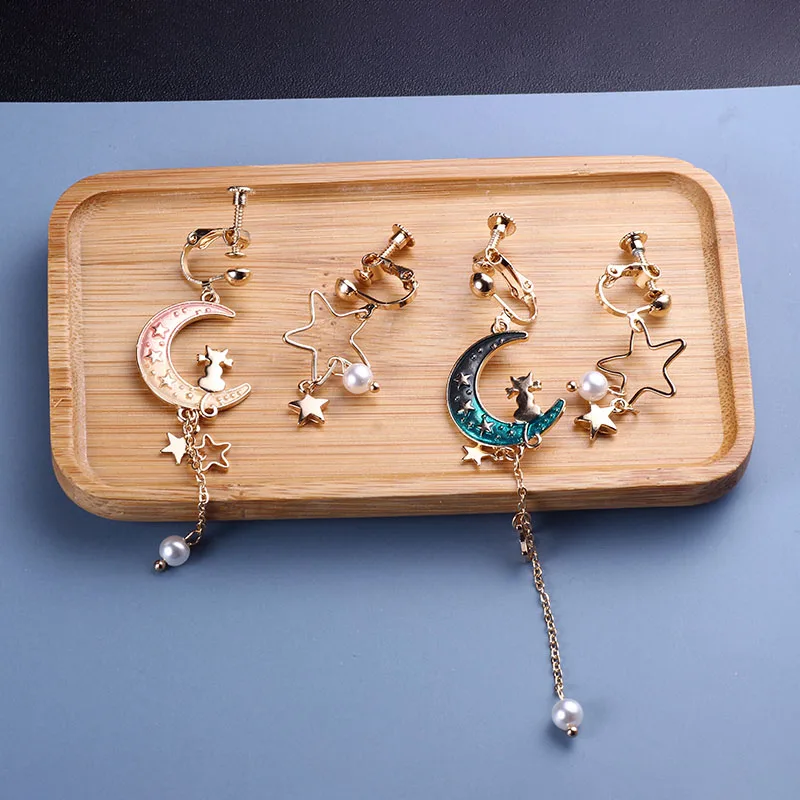 Серьги клипсы женские асимметричные длинные серьги гвоздики с изображением