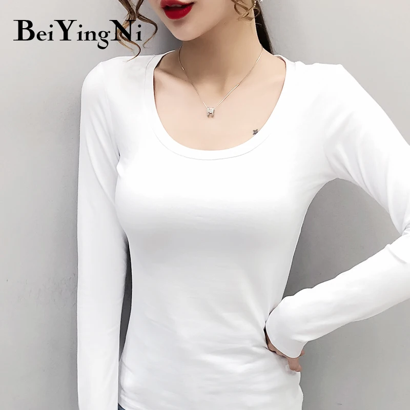 

Beiyingni Cotton T Shirt Women O-neck Skinny Basic Long Sleeve Tops Woman White Black Hipster T-shirts Female Fashion Oversized