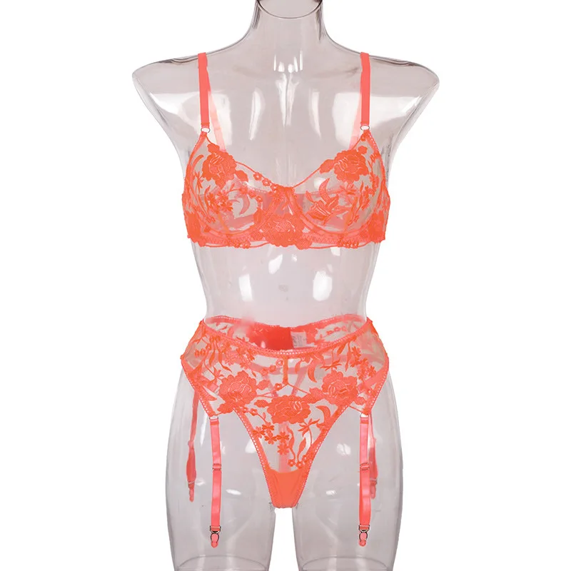 

Neon Floral Lingerie 3 Piece Set Transparent Underwear Women Push up Bra With Bone Erotic Lingerie Sensual Lingerie Set