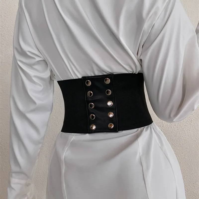 

Mixcb Black Metal rivet Imitation leather Dark metal sexy Lace Up Cross Bandage For Women Belt girdle Women's suit Summer new