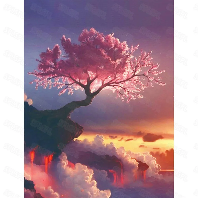 

Diy Diamond Painting Peach Blossom Tree On The Cliff Big Tree Silhouette At Dusk Modern Creative Niche Decorative Painting