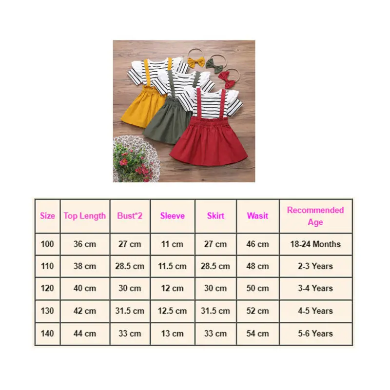 

2-6Y Summer Toddler Baby Girl Clothes Striped Top T-shirt Strap Skirt +Headband 3Pcs Outfits